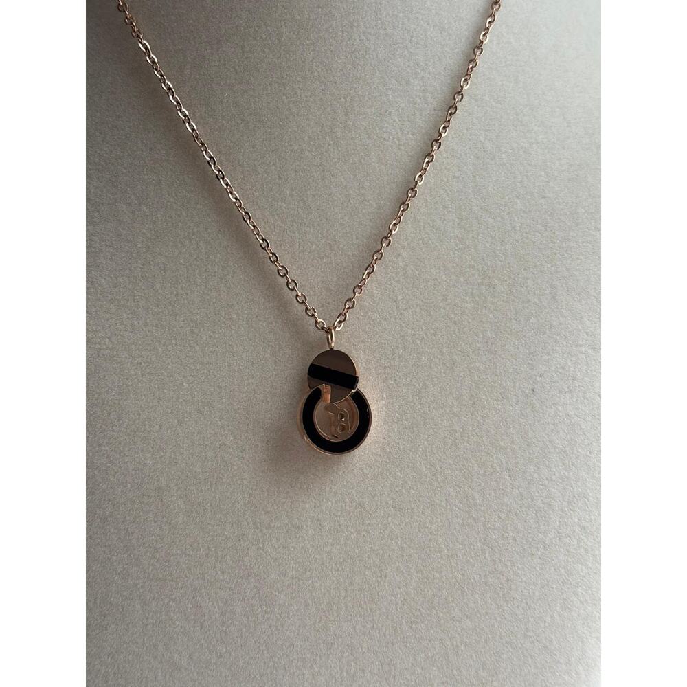 Rose Gold Necklace Round Pendant Minimal Black Detail Stainless Steel - Picture 8 of 9